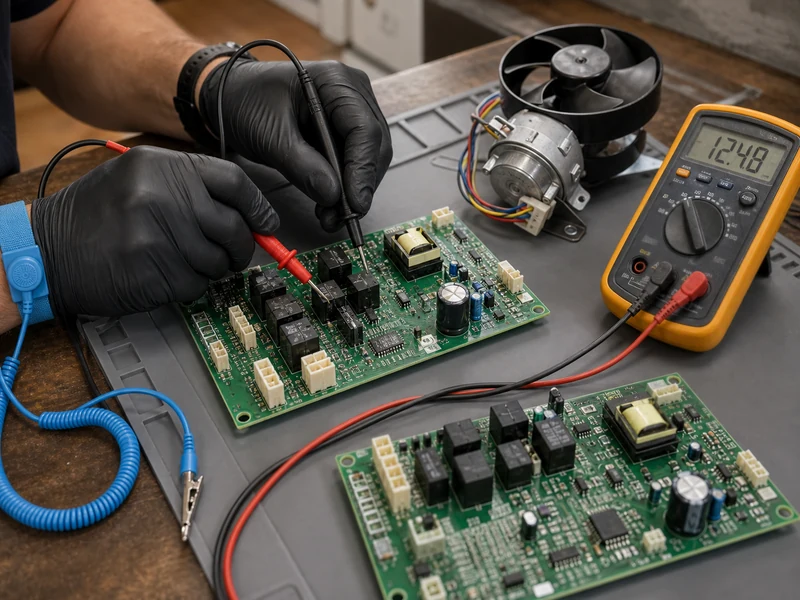 Sub-Zero 600 series control boards staged for testing on the shop bench