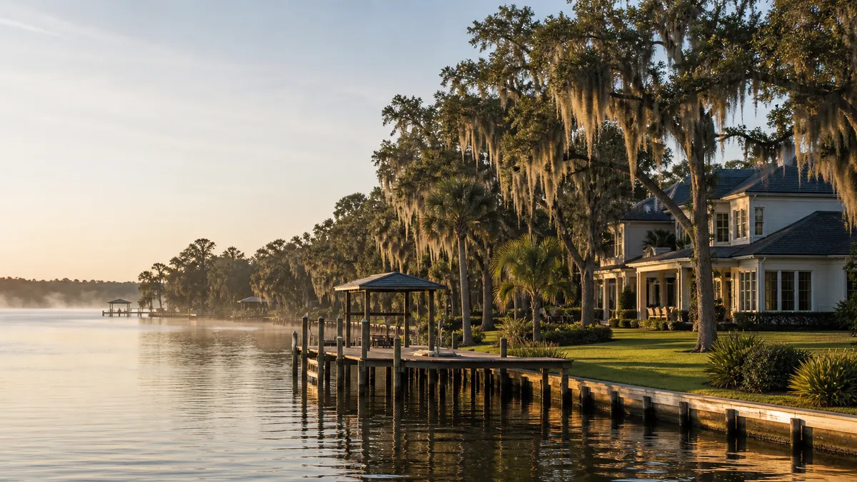 Morning haze over Doctors Lake docks off Pace Island, Fleming Island