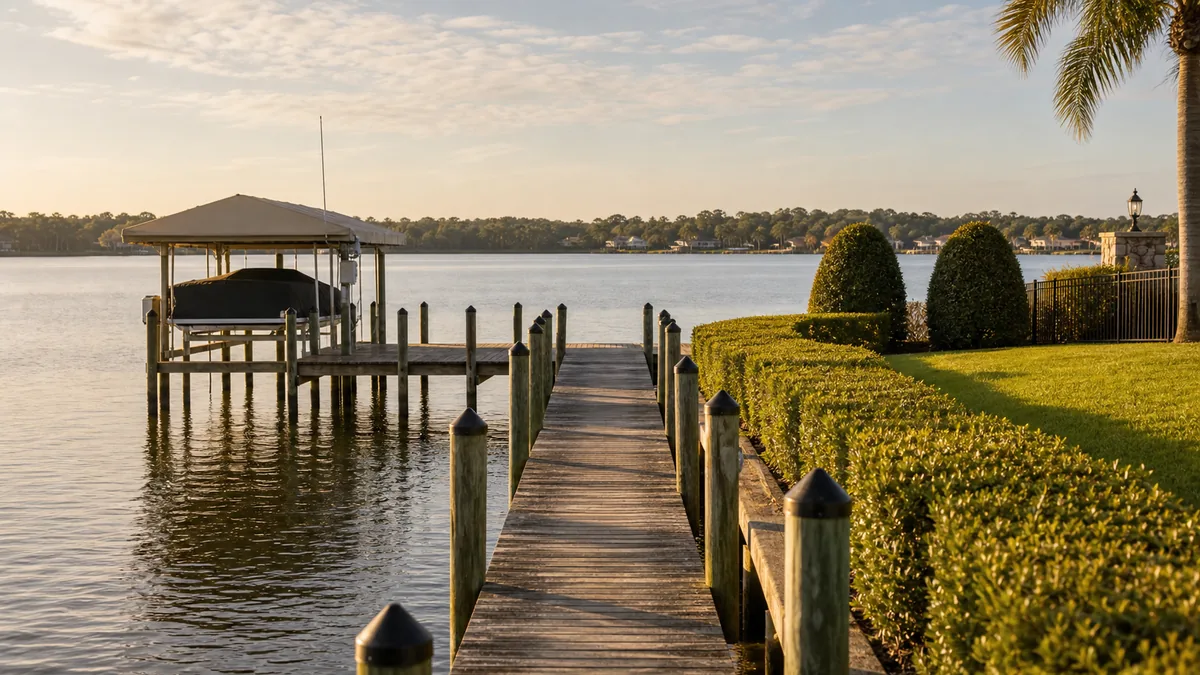 Boat dock and calm water at an Eagle Harbor home on Doctors Lake, Fleming Island