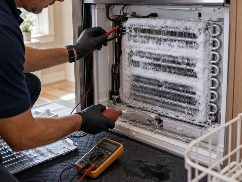 Frost-covered evaporator panel exposed inside a Sub-Zero freezer during a defrost repair in Orange Park