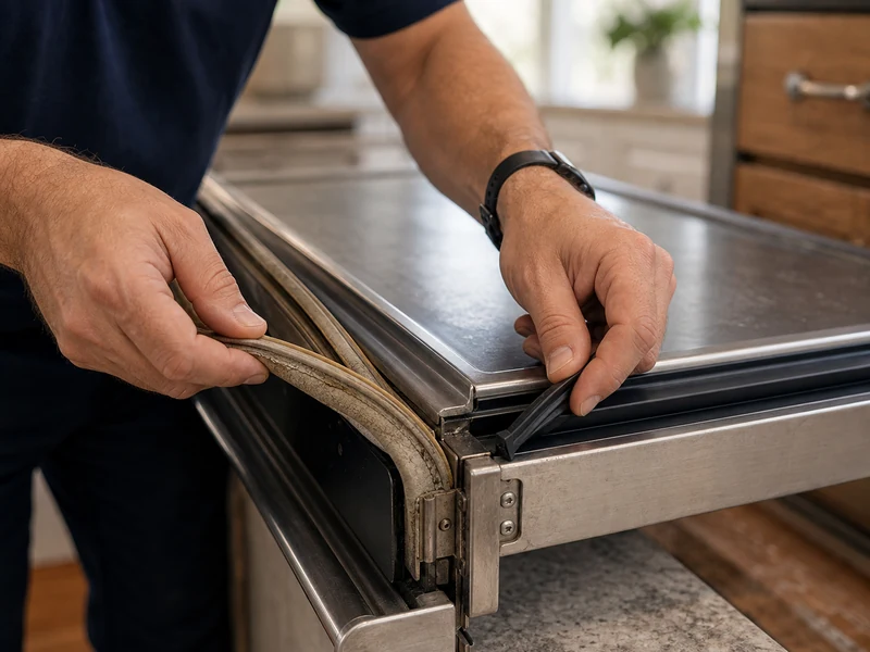 Hardened door gasket peeled back from a Sub-Zero built-in door during replacement in an Orange Park kitchen