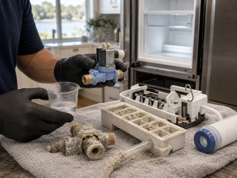 Scaled water inlet valve and fill tube removed from a Sub-Zero ice maker in a Pace Island kitchen